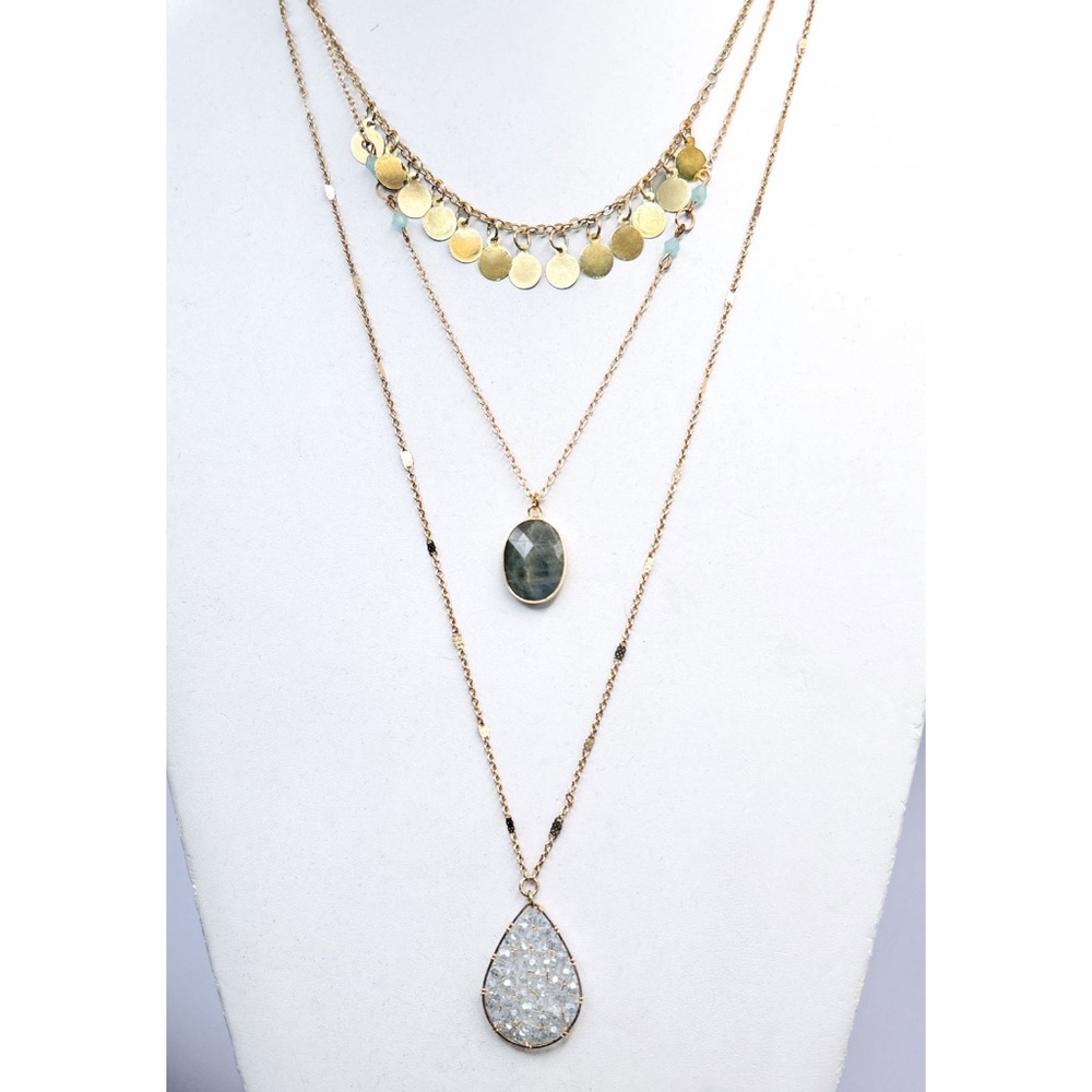 PANACEA Gold-Plated Layered Disc Charm Stone Charm & Beaded Pendant Necklace